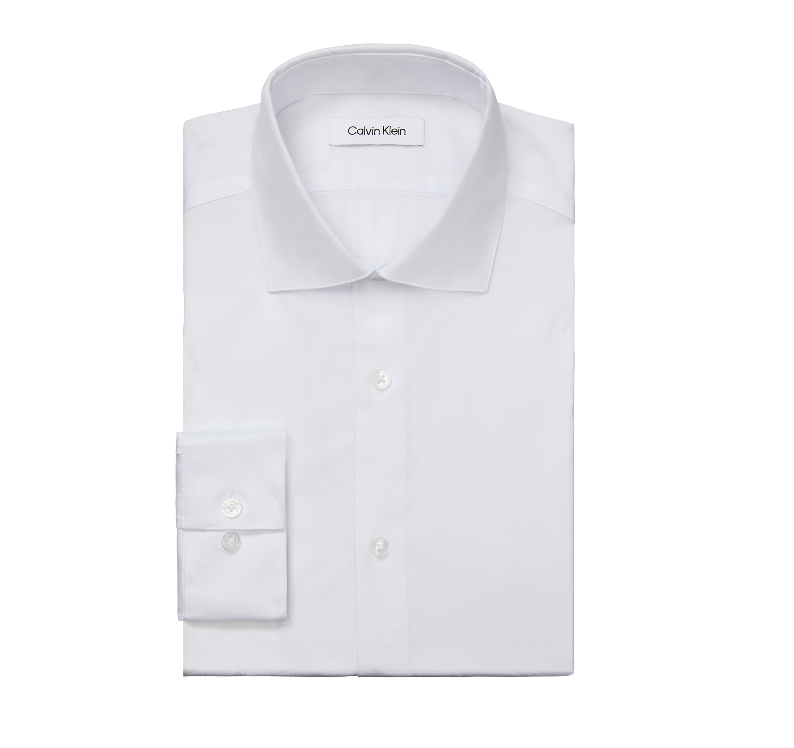 Calvin Klein Men's Dress Shirt Slim Fit Non Iron Herringbone Spread Collar, White, 15.5" Neck 32"-33" Sleeve