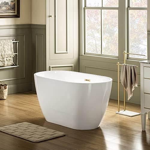 WOODBRIDGE 48" Acrylic Freestanding Bathtub Contemporary Soaking Tub, White Acrylic(Brushed Golden Drain/Overflow),BTA1703-BG-Drain&O