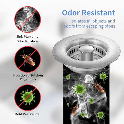 Upgraded 3 in 1 Kitchen Sink Drain Strainer - Stainless Steel Sink Stopper, Anti-Clogging Sink Food Catcher Basket, Fast Drainage Odor Filter Sink Plug for US Standard 3 1/2 inch Drain (Silver-1Pack)