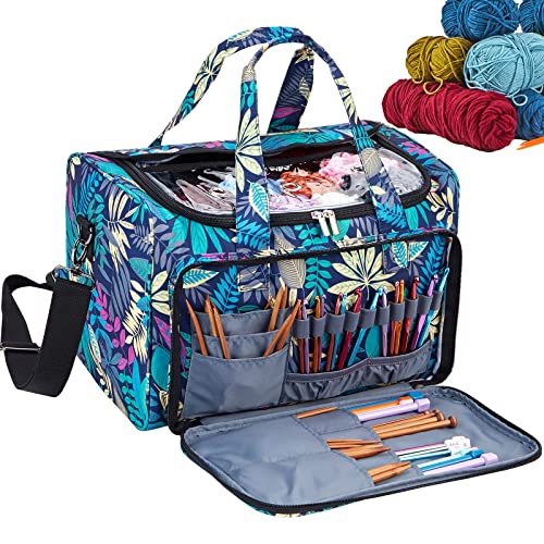 HOMEST XL Yarn Storage Bag, Large Organizer for Crochet Hooks, Needles, Woolen Skeins and Accessories, Knitting Tote with Removable Inner Dividers, Floral