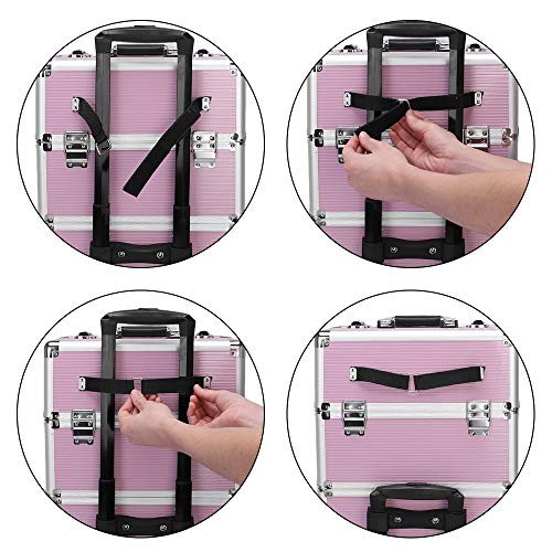 Karl home 3 in 1 Makeup Train Case Rolling Cosmetic Trolley Large Capacity Travel Organizer with Key 360°Swivel Wheels Suitcase for Beauticians Hairstylists Nail Tech Students, Pink
