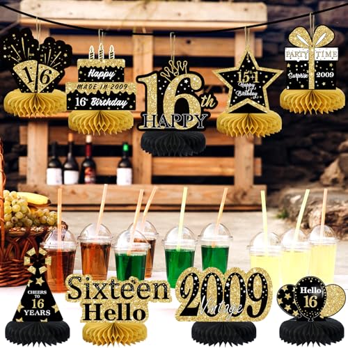 9Pcs Rose Gold Sweet 16 Birthday Decorations Honeycomb Centerpieces for Girls,Pink Happy 16th Birthday Centerpieces Tables Toppers Party Decorations Supplies 16th Birthday Table Sign Decor