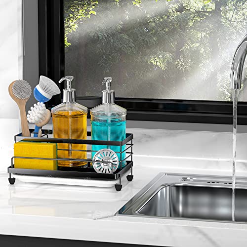Cisily Sponge Holder , Caddy Organizer, Sink Accessories with Drip Tray, Rustproof and Non-slip , Kitchen Essentials for New Home(Matte Black