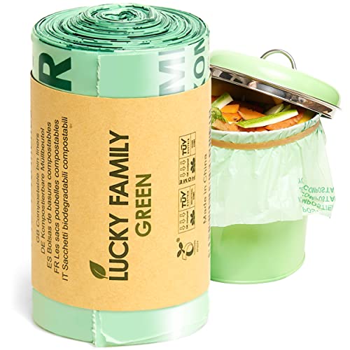 Lucky Family Green Compost Bags for Kitchen Countertop Bin -1.3 gallon trash bags to 1.6 Gallon trash bags - 100% Compostable Trash Bags for Food Waste, Organic Biodegradable Trash Bags - 50 Bags Roll