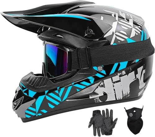 Youth Dirt Bike Helmets Fashion Motocross Helmet Kids ATV Off-Road Helmets Moutain Bike Motorcycle Helmets DOT Approved (Goggles Gloves Faceshield) (Blue, Small)