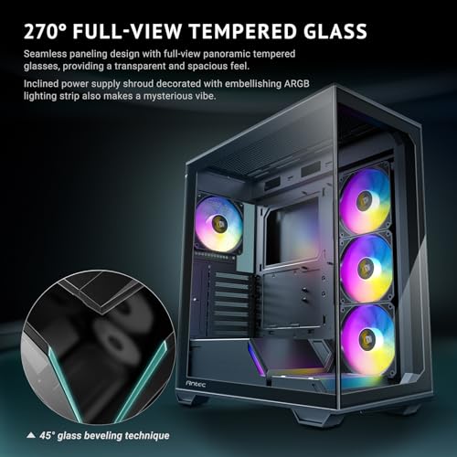 Antec C3 ARGB, 3 x 120mm & 1 x 120mm ARGB PWM Fans Included, Up to 8 Fans Simultaneously, Type-C,Seamless Tempered Glass Front & Side Panels, 360mm Radiator Support, Mid-Tower ATX PC Case