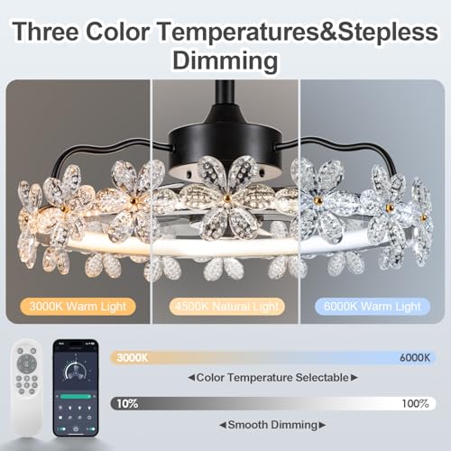 STROLITE Fandelier Ceiling Fans with Lights and Remote, 20.5'' Crystal Flower Bedroom Ceiling Fan, 3 Colors, 6 Speeds, Dimmable LED Light, Chandelier Ceiling Fan for Kitchen (Crystal Flower)