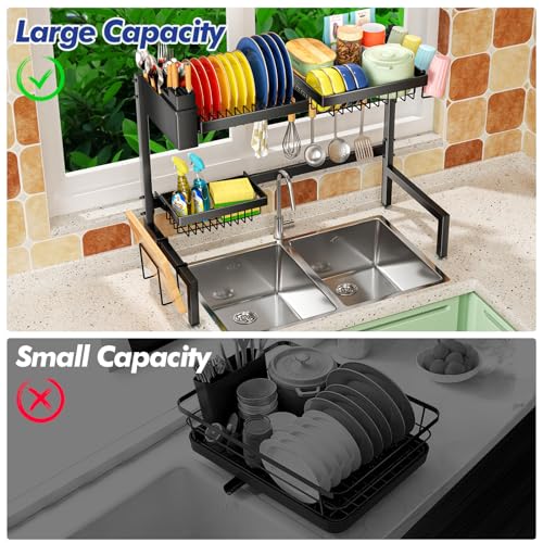 SNSLXH 2-Tier Over The Sink Dish Drying Rack, Kitchen Large Dish Drying Rack Over The Sink, Suitable for Most Sinks, Effective Dish Drying, Kitchen Drying Rack(24.8"-35.4")