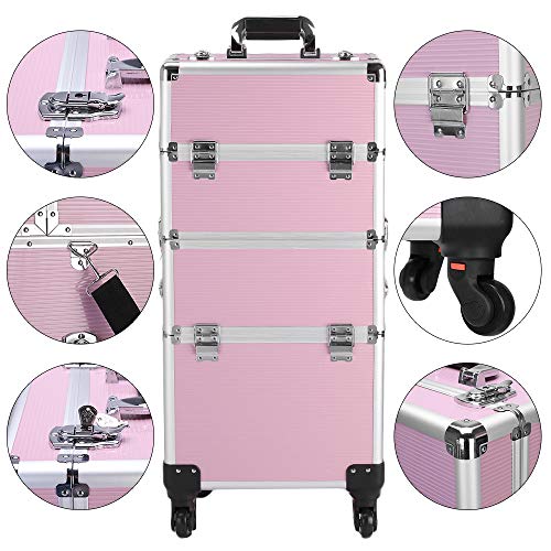 Karl home 3 in 1 Makeup Train Case Rolling Cosmetic Trolley Large Capacity Travel Organizer with Key 360°Swivel Wheels Suitcase for Beauticians Hairstylists Nail Tech Students, Pink