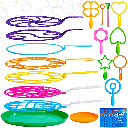 JOYIN Big Bubble Wands Set Bulk for Kids Summer Outdoor Activity Party Favors, 18 Pcs Giant Bubble Maker with Tray, 12" Large, 6 Pcs Bubble Solution Suitable for All Age People