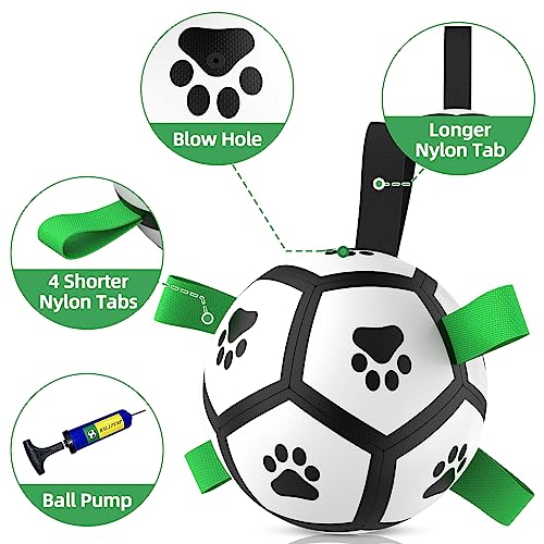 QDAN Extra Large Dog Toys Soccer Ball - Durable Dog Balls for Extra Large Dogs with Straps, Interactive Dog Tug Toy with Strap for Tug of War (9 Inch)