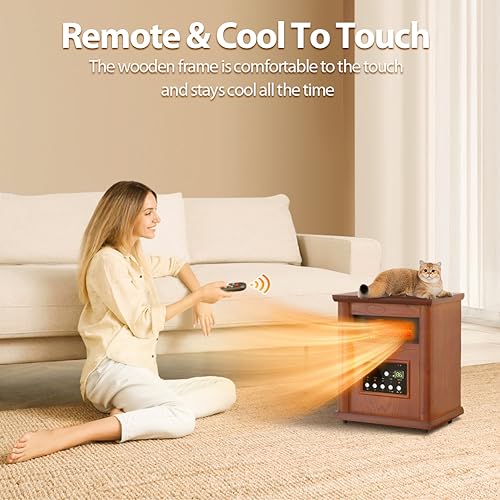 LifePlus Electric Infrared Space Heaters for Indoor Room Use, 1500W Box Space Heater with Wood Frame, Remote Control and Timer, Multiple Security Protections, Nice for Living Room Home Office