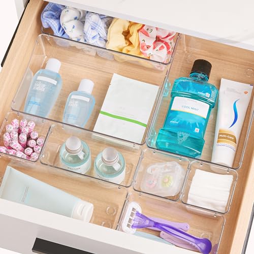Vtopmart 44 PCS Clear Plastic Drawer Organizers Set, 4-Size Versatile Bathroom and Vanity Organizer Trays, Non-Slip Storage Containers for Makeup, Jewelries, Bedroom,Kitchen Utensils and Office