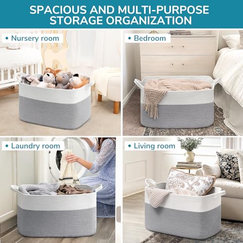 Goodpick Toy Basket, Large Basket Blanket Storage for Living Room, Baskets for Gifts Empty, Nursery Laundry Basket for Dirty Clothes Pillows Towel, 21.6" x 14.9" x 11.8", White & Grey
