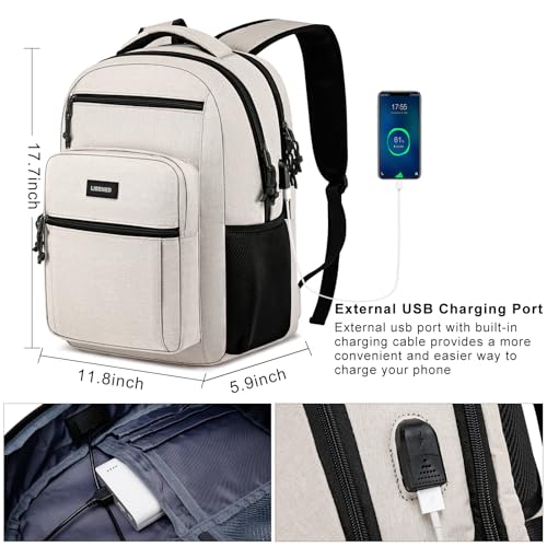 LIBENED School Backpacks for Teens Boys and Girls, Laptop Teens backpack with USB Charging Port, 15.6 Inch Water Resistant Mochila for Work, College, Beige