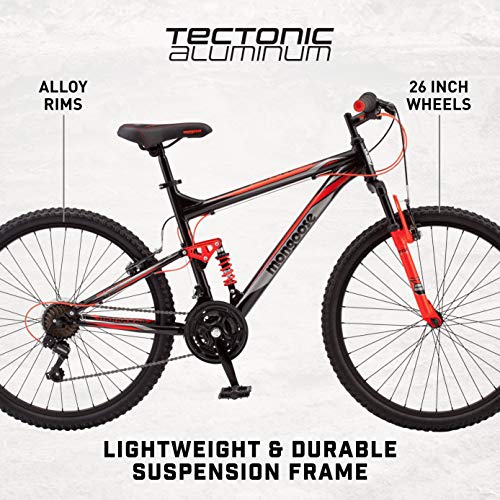 Mongoose Status 2.2 Mountain Bike for Men and Women, 26-Inch Wheels, 21-Speed Shifters, Aluminum Frame, Front Suspension, Black/Red