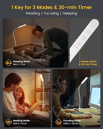 Glocusent 5W Multi-Purpose Clip On Light, 38 LED Eye Caring Reading Bed Lamp, 5 Color & 5 Brightness with a Remote, 30-Min Auto Off Timer, Perfect for Bed Reading/Studying/Working