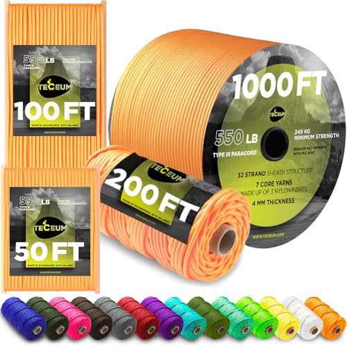 TECEUM Paracord Type III 550 Dark Grey β 50 ft β 4mm β Tactical Rope MIL-SPEC β Outdoor para Cord βCamping Hiking Fishing Gear and Equipment β EDC Parachute Cord β Strong Survival Rope 030