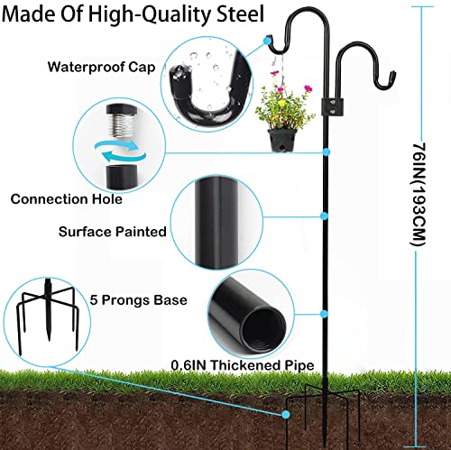 Double Shepherds Hooks For Outdoor 76 Inch, Heavy Duty Metal Bird Feeder Pole Stand With 5 Base Prongs, 28.5 To 76 Inch Adjustable Garden Holder For Hanging Plant, Wind Chimes, Wedding Garden Etc