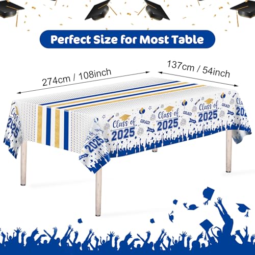 Graduation Decorations Class of 2025 Tablecloth - 3 Pcs Plastic Congrats Grad Table Cloth, Graduation Table Cover for Graduations Party Decorations 2025 and Party Supplies, 54"x108" (Blue and Gold)