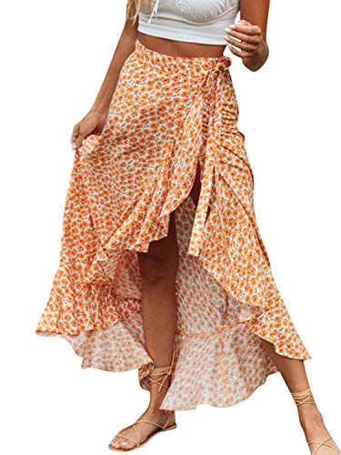BerryGo Women's Boho Floral Wrap Maxi Skirt Sarong Coverups High Waisted Long Skirt with Slit Orange-S