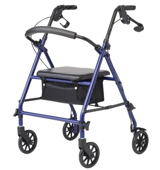 Caring 4-Wheel Rollator Walker for Seniors – Blue Rolling Walker with Seat, Hand Brakes & Storage – Heavy Duty Frame Supports 350 lbs – Foldable Mobility Aid