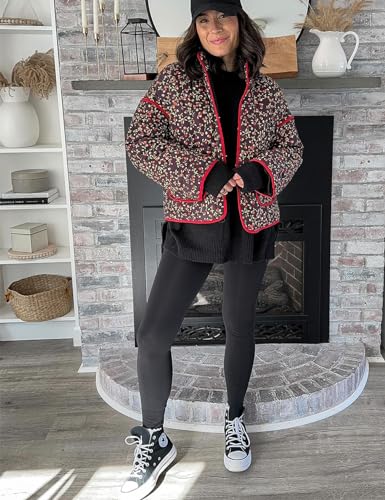 Yimoon Women's Cropped Puffer Quilted Jacket Vintage Floral Print Open Front Lightweight Short Jacket Outwear