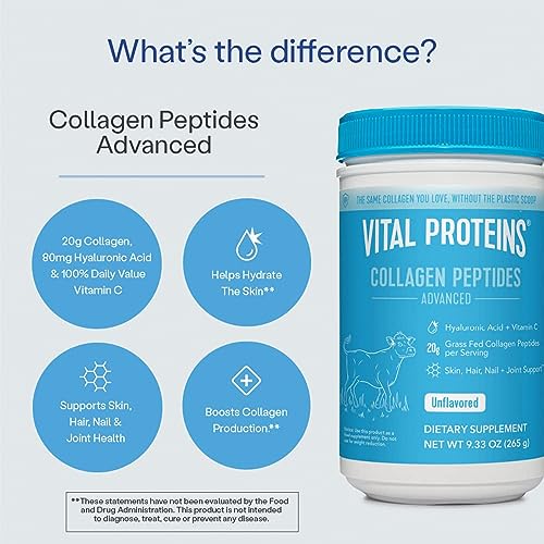 Vital Proteins Collagen Powder Supplement Hydrolyzed Peptides with Hyaluronic Acid and Vitamin C - Non-GMO, Dairy & Gluten Free Unflavored, 9.33oz
