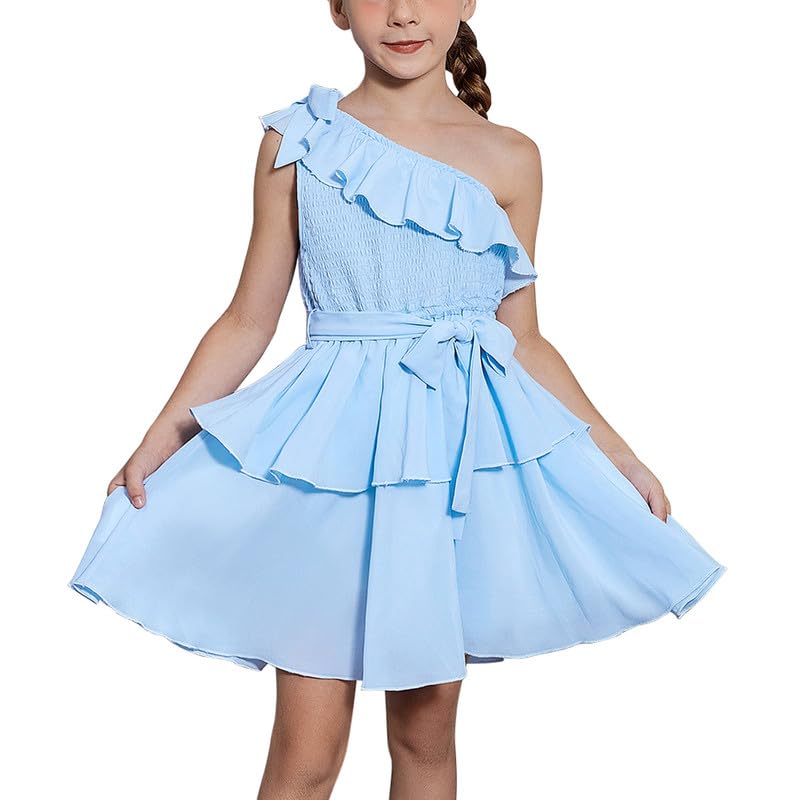 CHILDRENSTAR Girls Chiffon Dress Ruffles Smocked Sleeveless Blue Tiered Flowy Dresses,Size 4t 5t