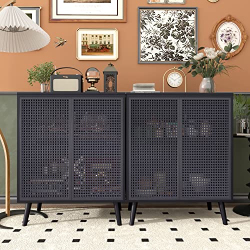 JZXSHD Buffet Cabinet, Metal Rattan Sideboard Kitchen Storage Cabinet Accent Modern Buffet Sideboard 2 Doors for Kitchen Room Living Room Hallway, Black