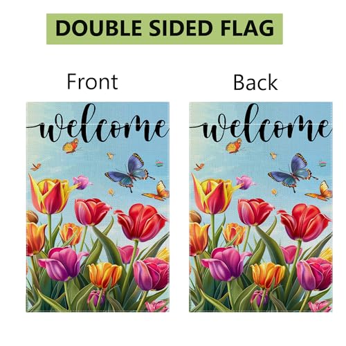 Welcome Garden Flags, Butterfly Tulip Garden Flag, 12x18 Inch Vertical Double Sided Burlap, Summer Porch Garden Flag, Outdoor Yard House Decor (Only Garden Flag)