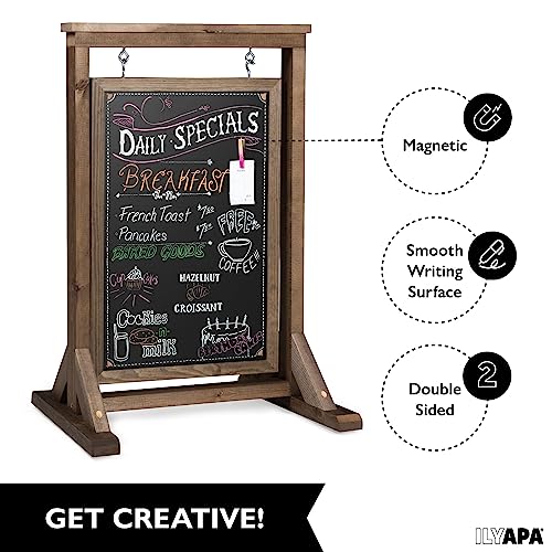Ilyapa Rustic Double Sided Swinging Chalkboard Sidewalk Sign 21 x 32 Inches - Barnwood Magnetic A Frame Alternative Menu Board Sandwich Board Message Sign, Freestanding Sandwich Sign for Restaurant