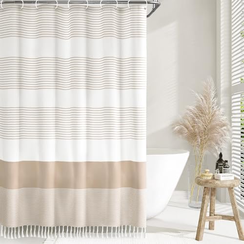 Awellife Boho Pink Shower Curtain for Bathroom Stripe Tassel Shower Curtain 72 X 72 Inches Farmhouse Linen Girls Coral