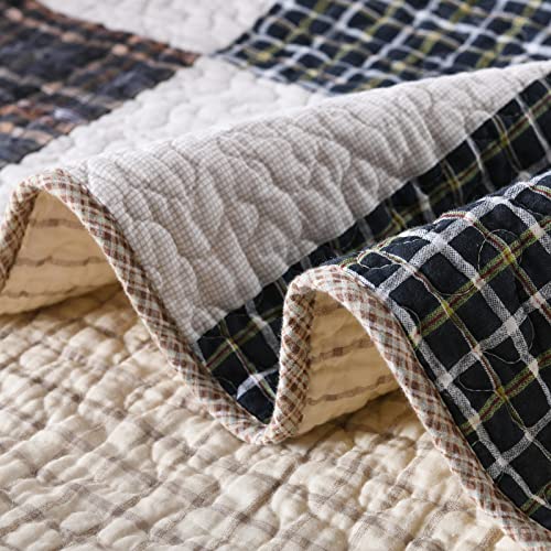 SahSahCasa Queen Size Quilt Set, 100% Cotton Bedding Bedspread, Patchwork Farmhouse Plaid Lightweight Rustic Comforter for All Seasons, Beige