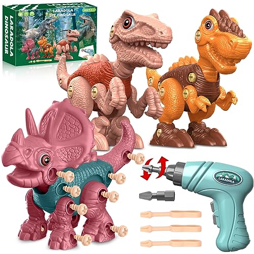 Laradola Dinosaur Toys for 4 5 6 7 8 Year Old Boys, Take Apart Dinosaur Toys for Kids 3-5 5-7 STEM Construction Building Kids Toys with Electric Drill, Party Birthday Gifts (Blush Pink)