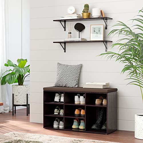 DINZI LVJ Shoe Bench, 9 Cubbies Shoe Organizer for Entryway, Storage Bench with Cushion, Cubby Shoe Rack with Adjustable Shelves for Living Room, Bedroom, Mudroom, Hallway, Espresso