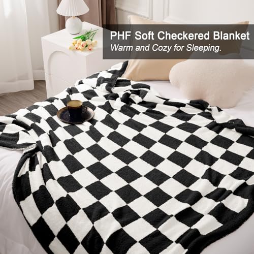 PHF Checkered Twin Blanket, Soft Knit Fluffy Aestheic Grid Blanket, Cozy Lightweight Checkerboard Fleece Blanket for Couch Bed Sofa, Sage Green, 60" x 80"