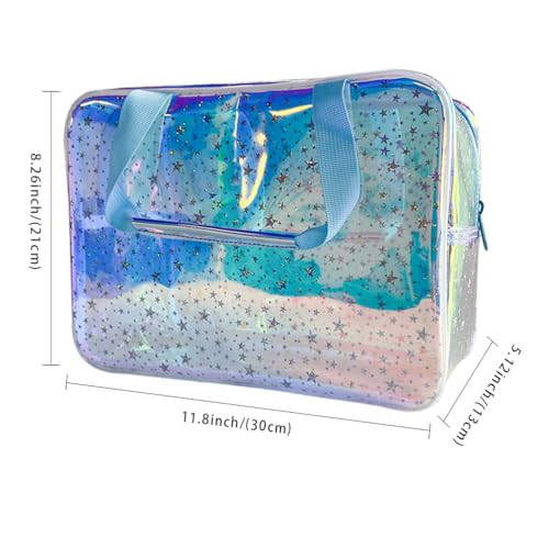 ONEART Clear TPU Cosmetic Bag Toiletry Makeup Artist Bag, Waterproof Multifunction Travel Toiletry Bag with Zipper Handle, Holographic Star Tote Bag Blue