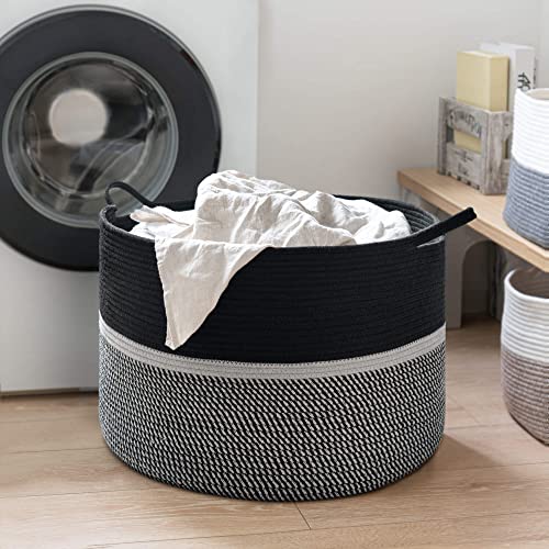 CHICVITA Extra Large Laundry Basket, Woven Rope Blanket Basket For Towels, Clothes, Toy Storage Baskets, Pillow Baskets For Living Room, Family Room, 22 x 22 x 14 inches, Black