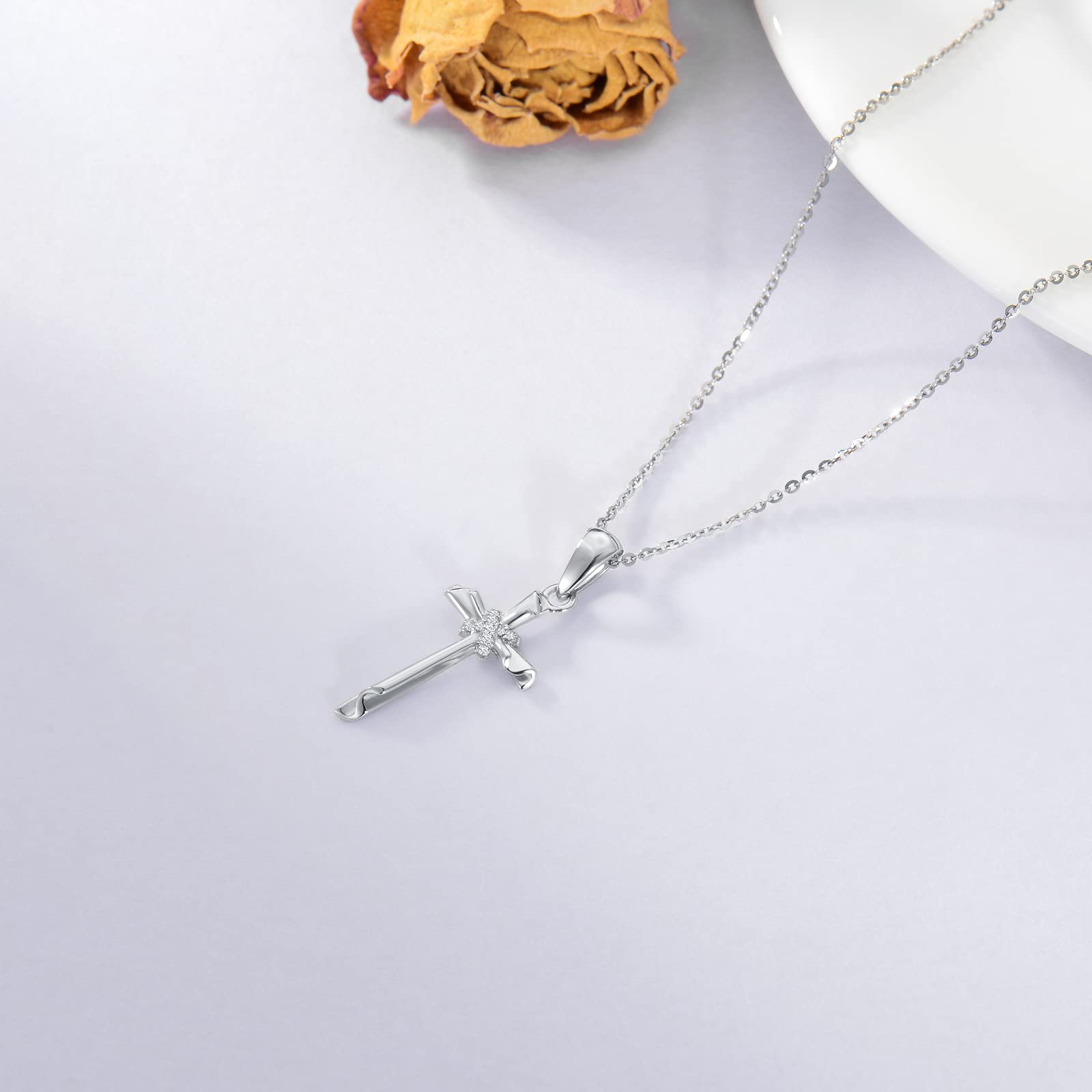 SISGEM 10K Real Gold Cross Necklace for Women, White Gold Cubic Zirconia Cross Pendant Necklace Cross Jewerly Gifts for Birthday Christmas 16+1+1 inch (10K-White)