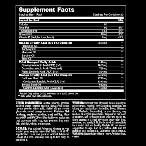 Animal Omega – Omega 3 & 6 Supplement – Fish Oil, Flaxseed Oil, Salmon Oil, Cod Liver, Herring, and more – Supports Cardiovascular & Joint Health – Enhances Metabolism – 30 Day Pack