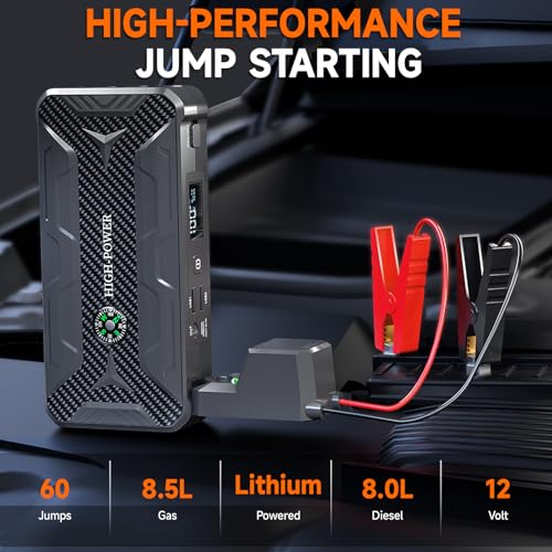Car Jump Starter, Portable Car Battery Charger for Up to 8.5L Gas & 8.0L Diesel Engines, 12V Car Jump Box with 4 Modes Flashlight, Power Bank Function, Smart Jumper Cables