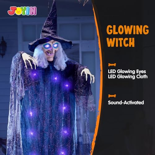 JOYIN 72” Hanging Witch Decor Halloween Decorations Indoor, Talking Halloween Witch on Broom Light Up Witch Decoration Purple Eyes Sound Activation Haunted House Party Supplies Prop Décor Modern