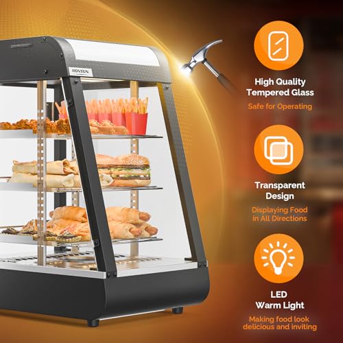 ROVSUN 15" Commercial Food Warmer Display Pizza Warmer, 3-Tier Electric Countertop Food Warmer w/LED Lighting Adjustable Removable Shelves Glass Door, Pastry Display Case for Buffet Restaurant, 1000W