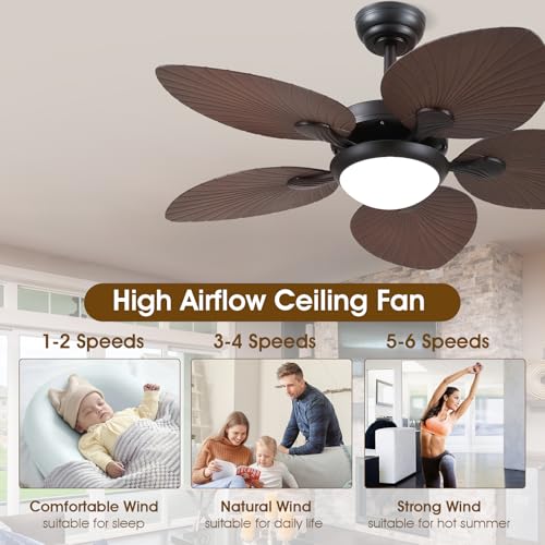 Wiviniya Tropical Ceiling Fans with Lights, 44 Inch Indoor Outdoor Palm Leaf Ceiling Fan for Patios Porch Bedroom, Remote/APP Control, Dimmable, 6 Speeds, Reversible, Brown
