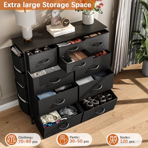 Black Dresser for Bedroom, Bedroom Dresser & Chests of Drawer, Fabric Dressers 10 Drawers, Black Dresser for Closet w/Side Pockets, Hooks, Clothes Dresser Storage for Hallway, Entryway, Kids Room