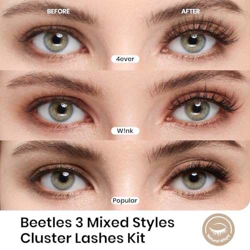 Beetles Easy Lashes False Eyelashes Essential Collection 5 pairs of Mixed Super Natural with tweezers Wispy Fluffy Fake Lashes for Women Strip Lashes Eyelash Extension Kit Faux Mink Eyelashes 14 mm 3D