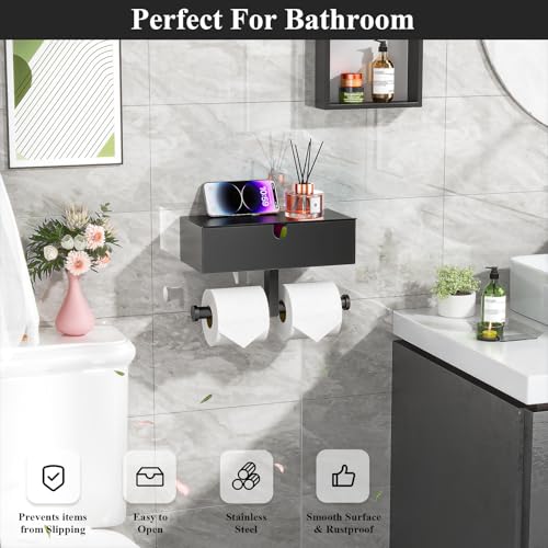Tindbea Toilet Paper Holder with Storage Double Roll Toilet Paper Holder with Shelf, Tampon Holder for Bathroom Stainless Steel Wall Mounted Wipes Holder Dispenser, Black