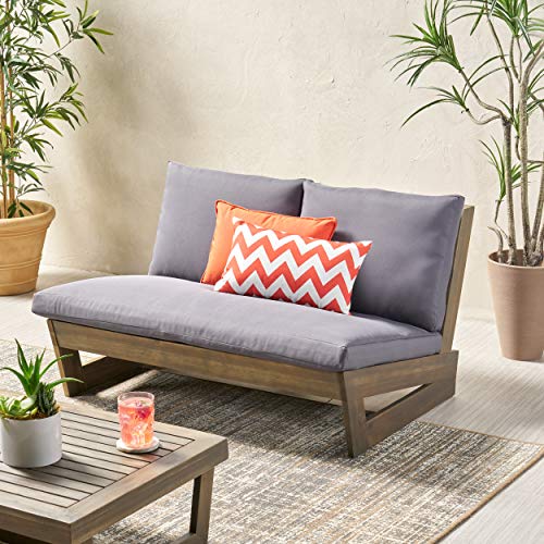 Great Deal Furniture GDFStudio Outdoor Acacia Wood Loveseat with Cushions, Gray and Dark Gray