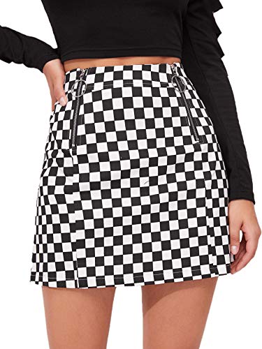 WDIRARA Women's Elegant Mid Waist Above Knee O-Ring Zipper Front Plaid Skirt Black and White Checked XXS